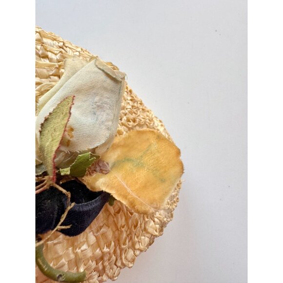 Vintage Raffia Straw Black Velvet Ribbon Yellow Faux Flower Juliet Hat - Picture 11 of 15